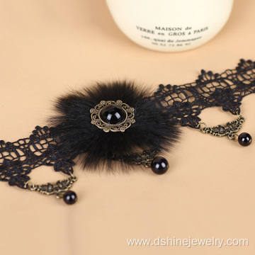 Fur Ball Charm With Bead Pendant Women Choker Necklace